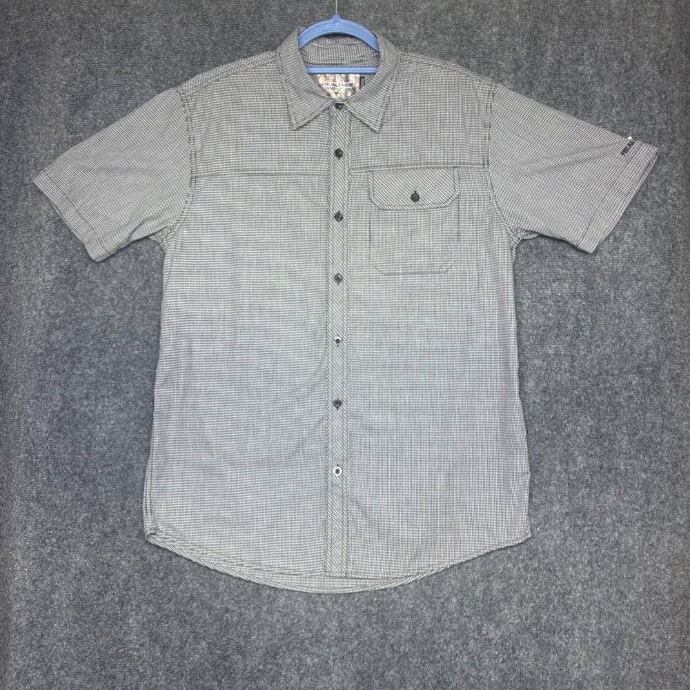 Realtree Button Down Shirt Mens Medium Black White Micro Check Short Sleeve